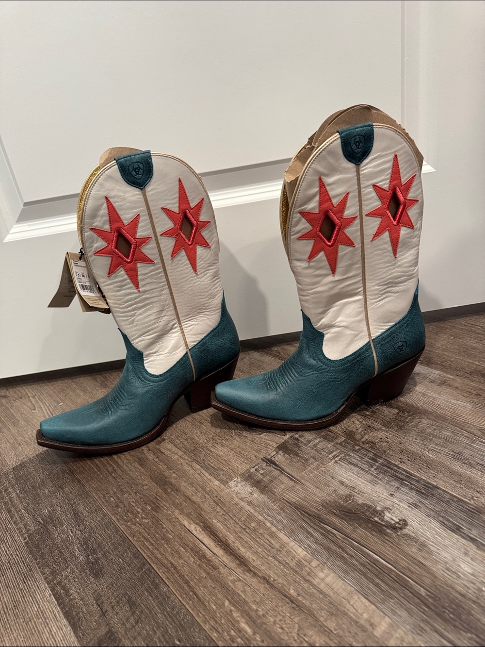 Ariat Teal, White & Pink Star Western Boots - Picture 2 of 4